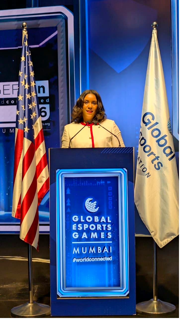 The Global Esports Games ceremony podium with flags